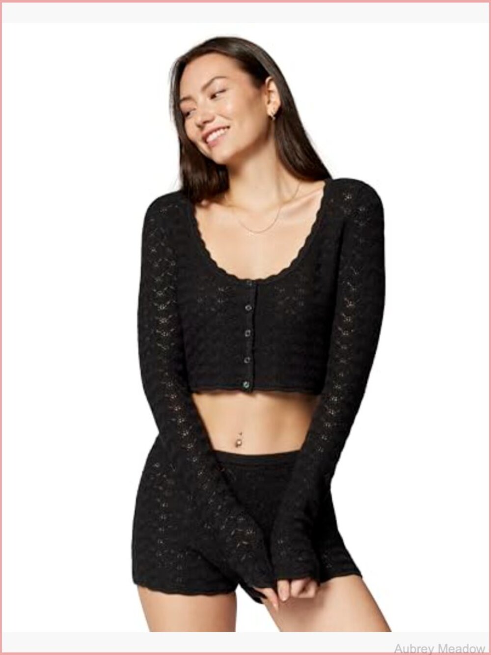 Pointelle Crop Cardi Sweater with Scallop Neck & Logo Buttons - Picture 2 of 6